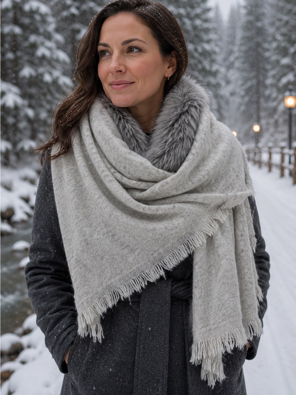 Soft Light Gray Faux Fur Trim Shawl Wrap